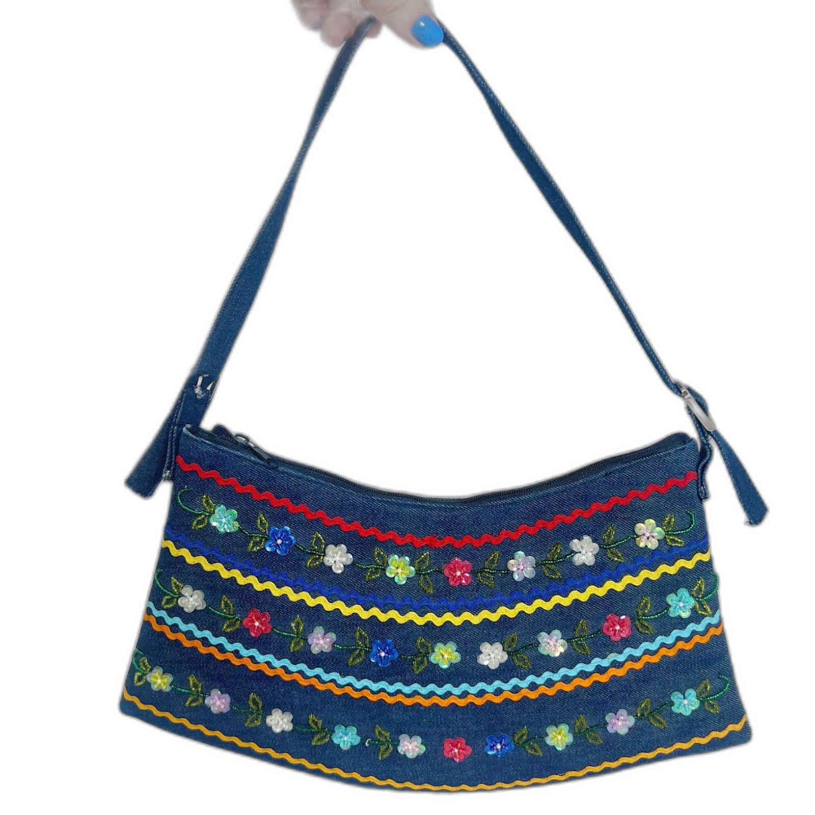 y2k Vintage Denim Floral Beaded Bead Embroidered Shoulder Bag Purse