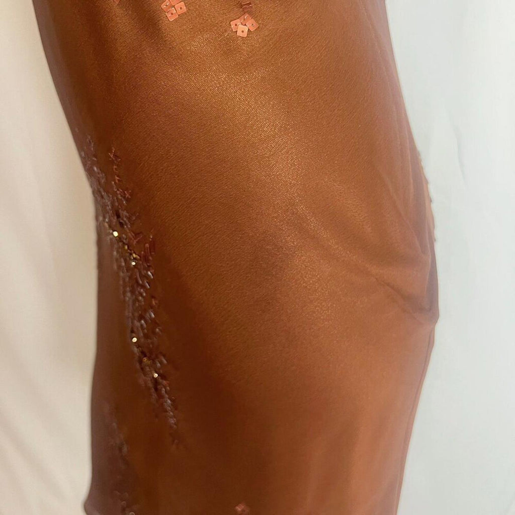 y2k Vintage Sue Wong Copper Brown Beaded Cowl Neck Midi Dress Size 10