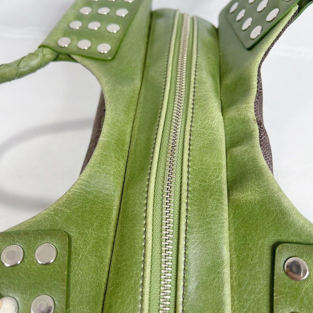 Matt & Natt Anthropologie Green Faux Leather Brown Studded Handbag Studded