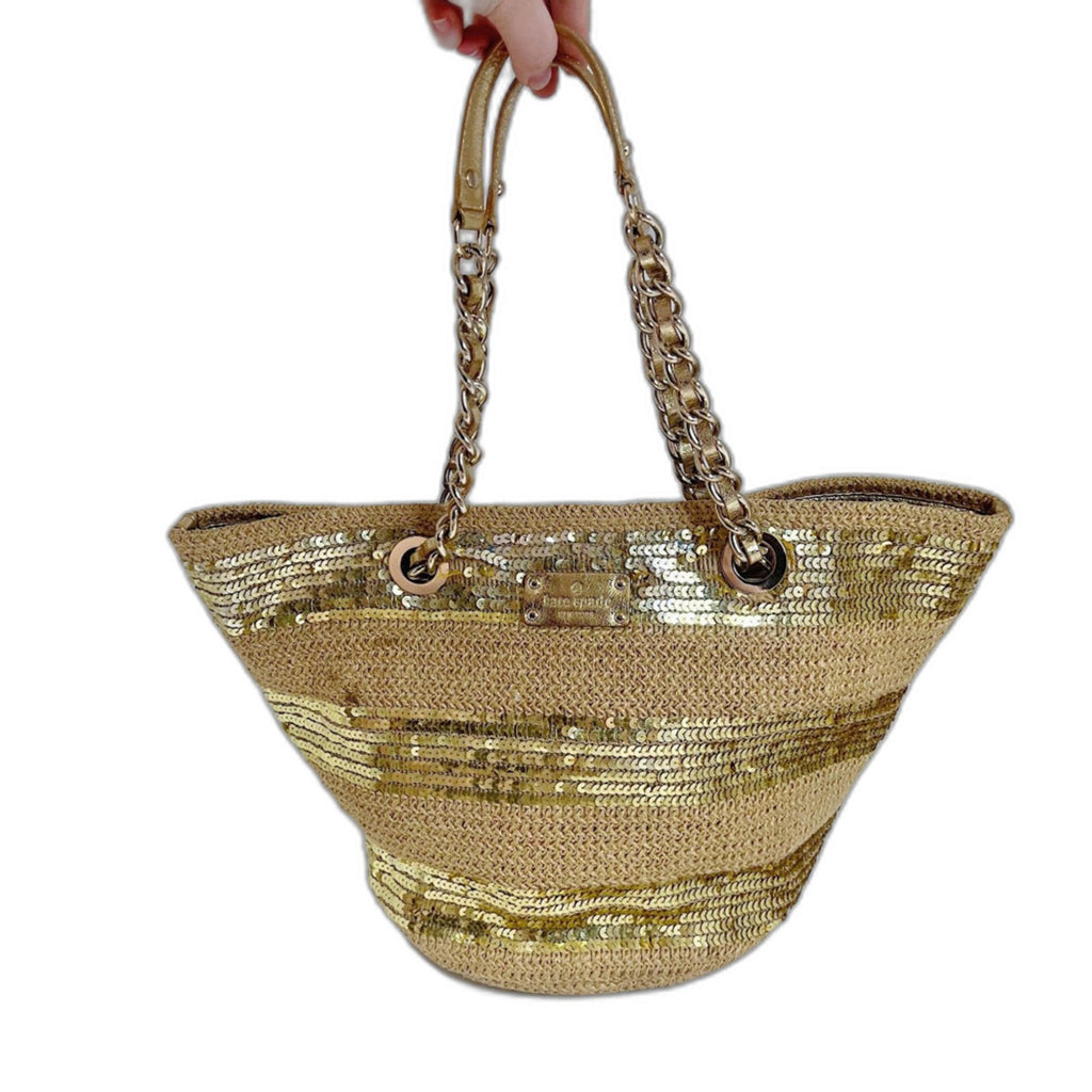 Kate Spade Woven Tote Bag Gold Sequins Summer Bag Beach Tote Shoulder Bag