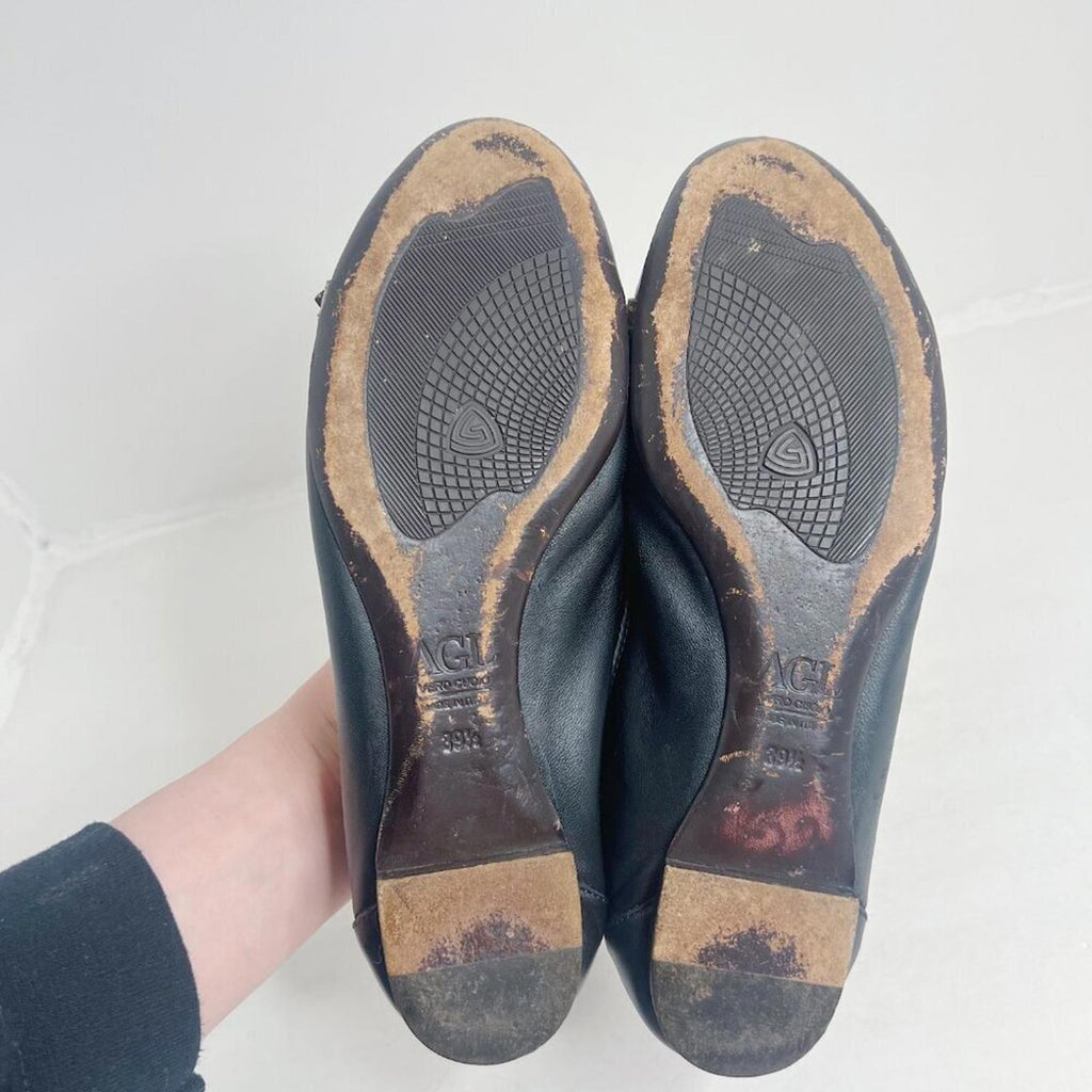 AGL Monika Cap Toe Ballet Flat Black Leather Bronze Buckle Women's Size 9.5