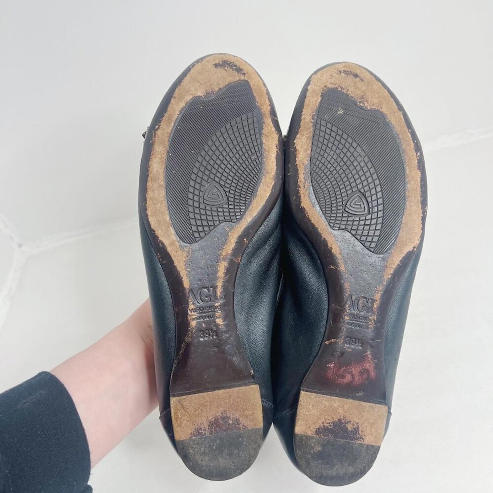 AGL Monika Cap Toe Ballet Flat Black Leather Bronze Buckle Women's Size 9.5