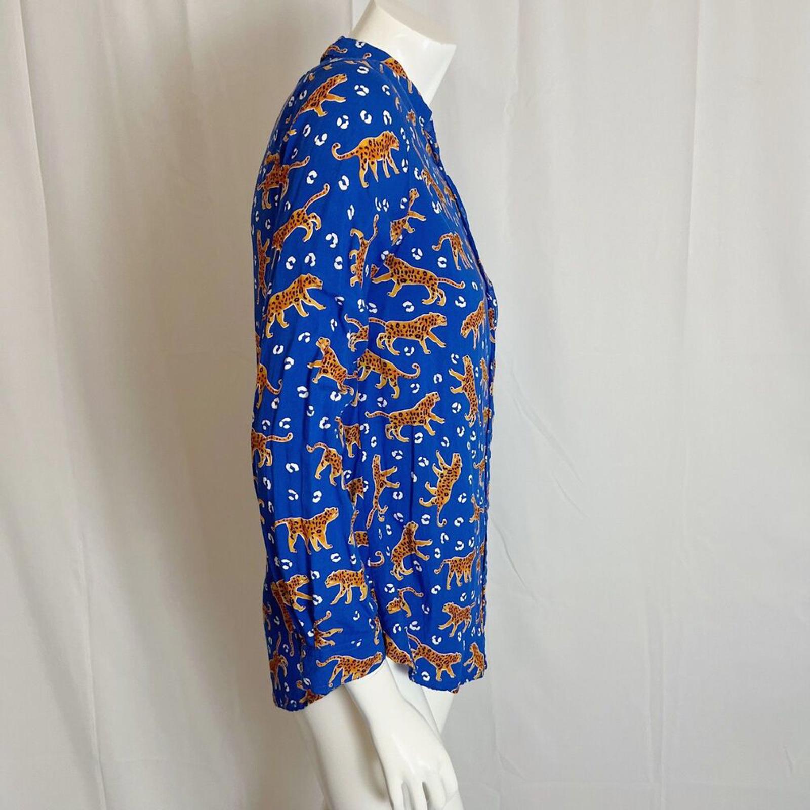 BeachLunchLounge Blue Leopard Animal Long Sleeve Button Up Blouse Women's Size S