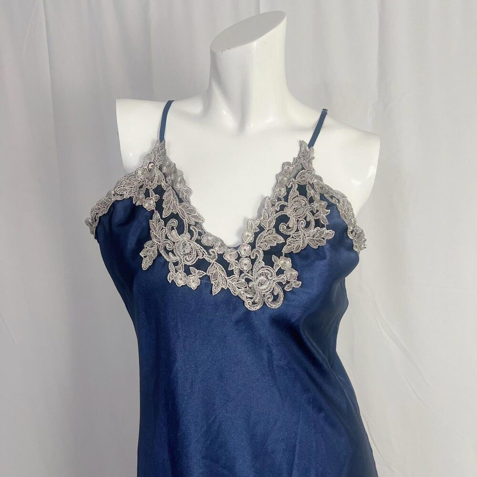Navy Blue Satin Slip Dress Maxi Dress Silver Lace Women's Size L