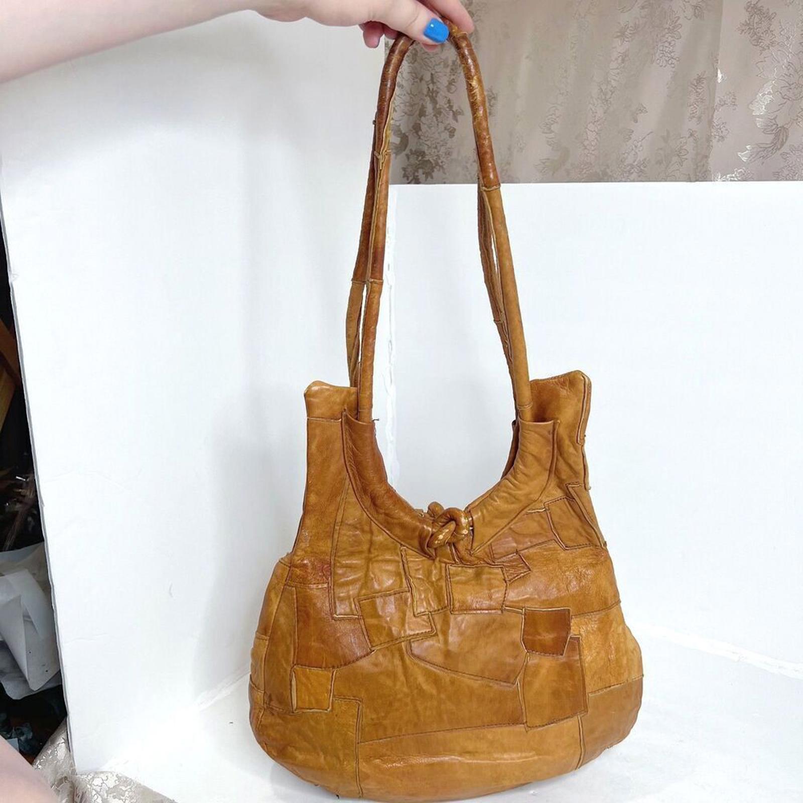 Vintage 70s Brown Leather Patchwork Boho Hippie Festival Shoulder Bag Hobo Bag