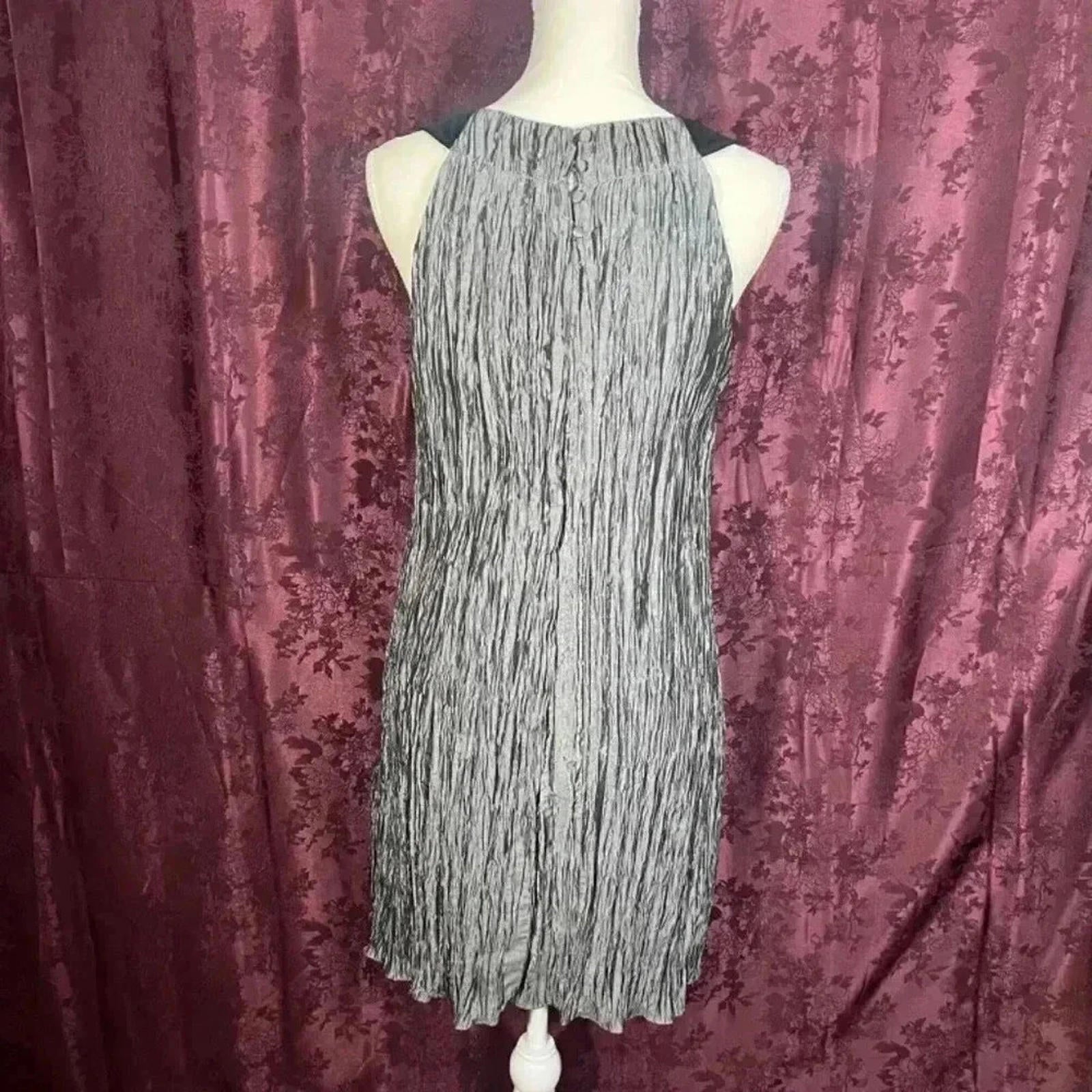 Vintage Silver Satin Crepe Shift Dress With Flower Metallic Women's Size 10