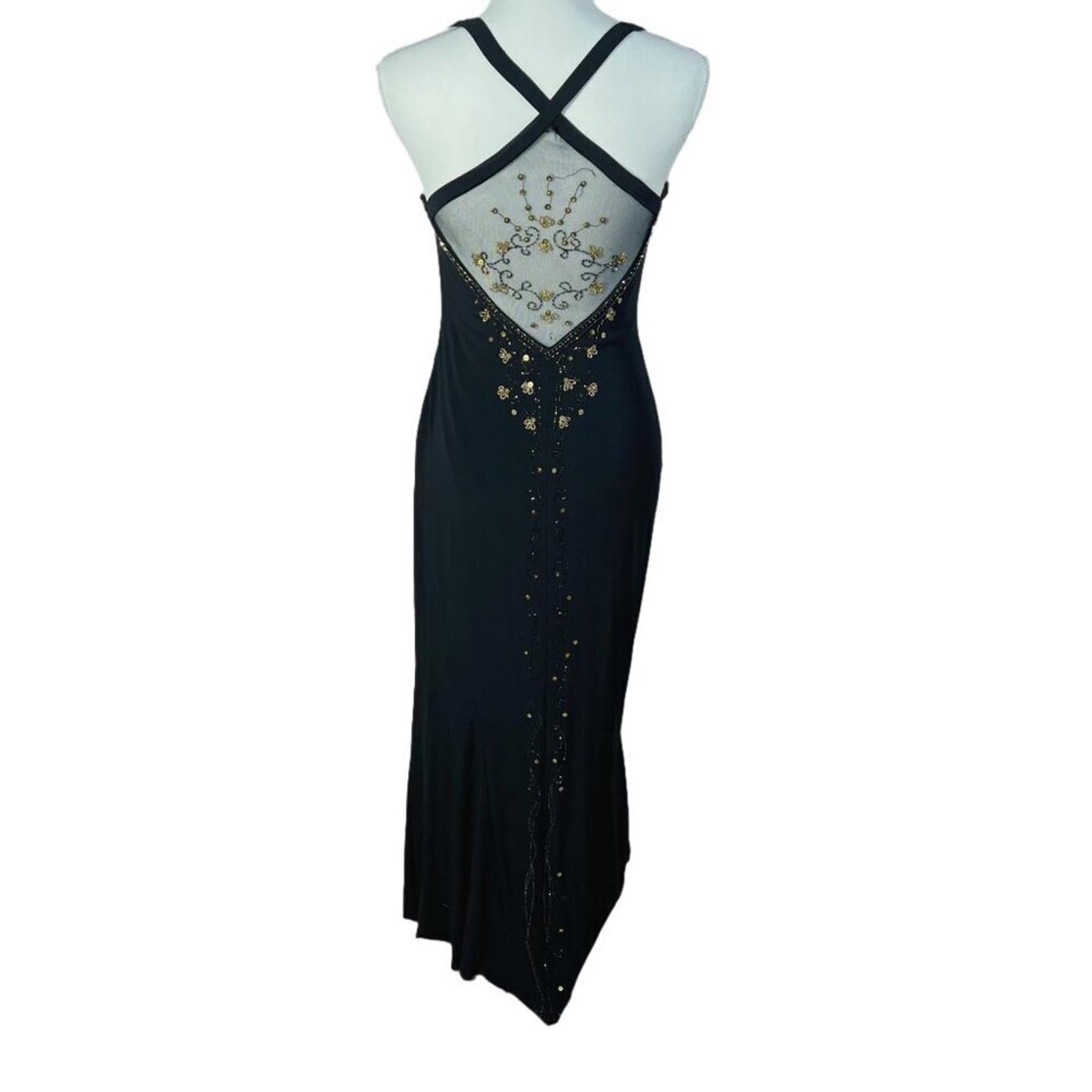 Vintage Dave & Johnny Black Gold Beaded Gown Mesh Detailing Formal Dress Size 8