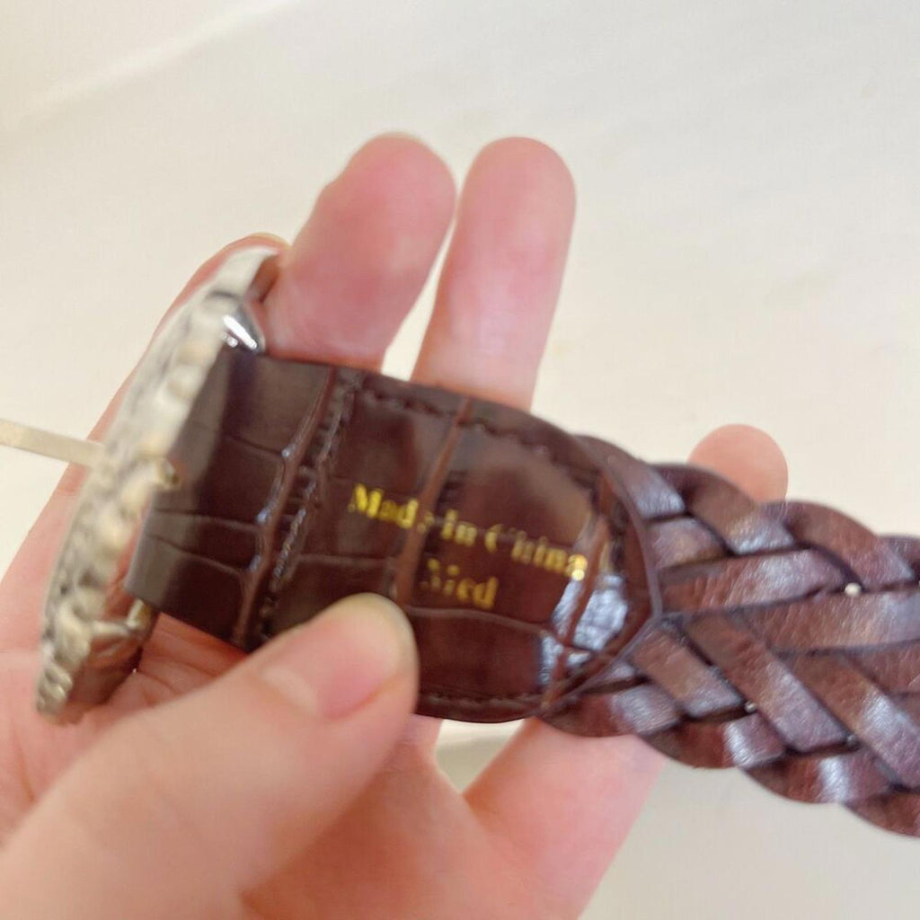 Vintage Brown Leather Braided Belt Silver Statement Buckle Size M