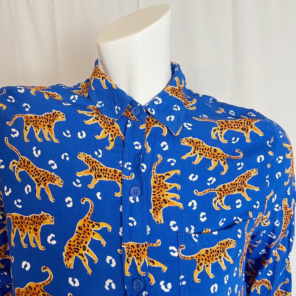BeachLunchLounge Blue Leopard Animal Long Sleeve Button Up Blouse Women's Size S