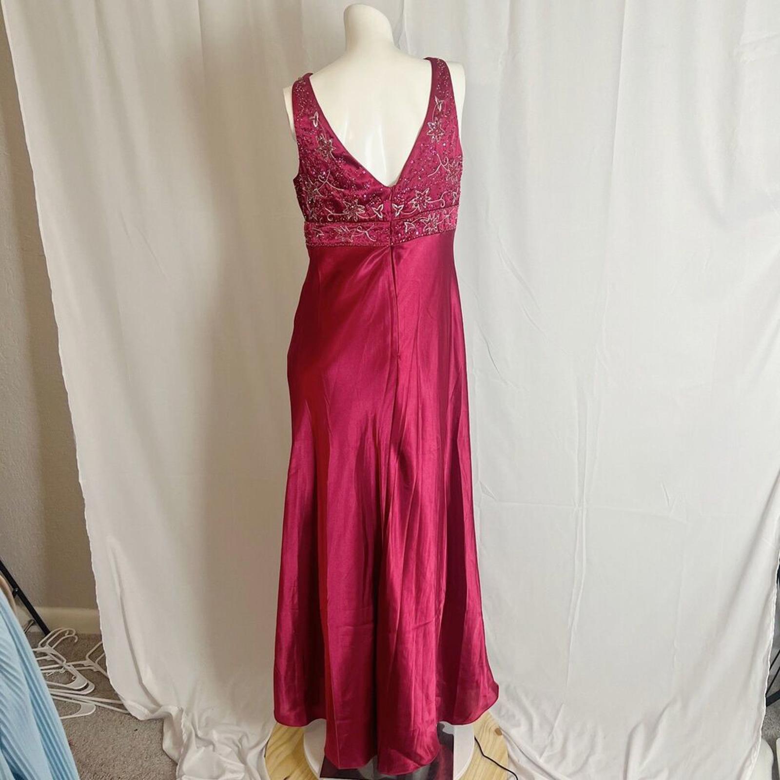 y2k Vintage Marina Bright Burgundy Satin Evening Gown Beaded Whimsygoth Size 12