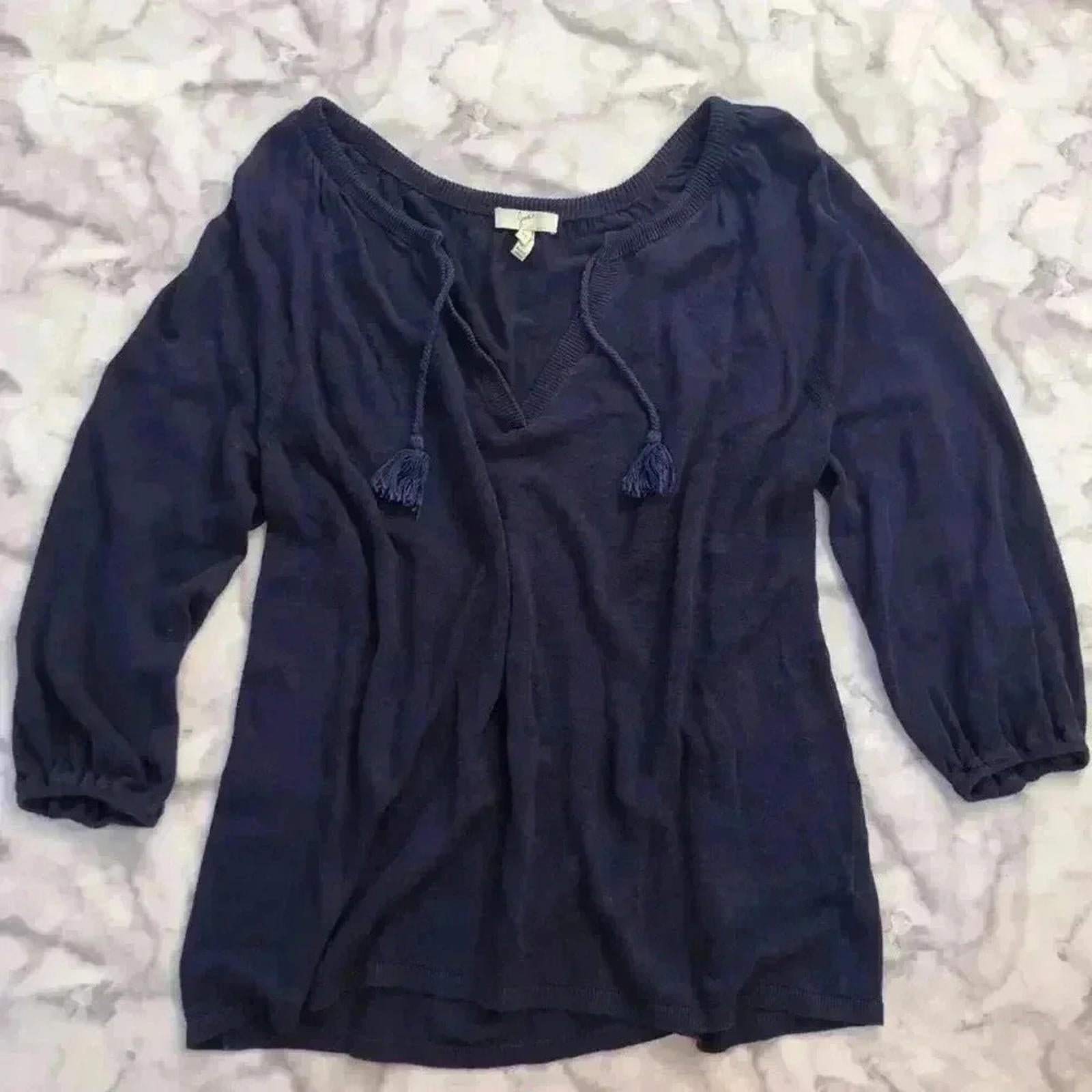 Joie Navy Blue Linen 3/4 Sleeve Blouse Summer Quiet Luxury Tassel Size XS