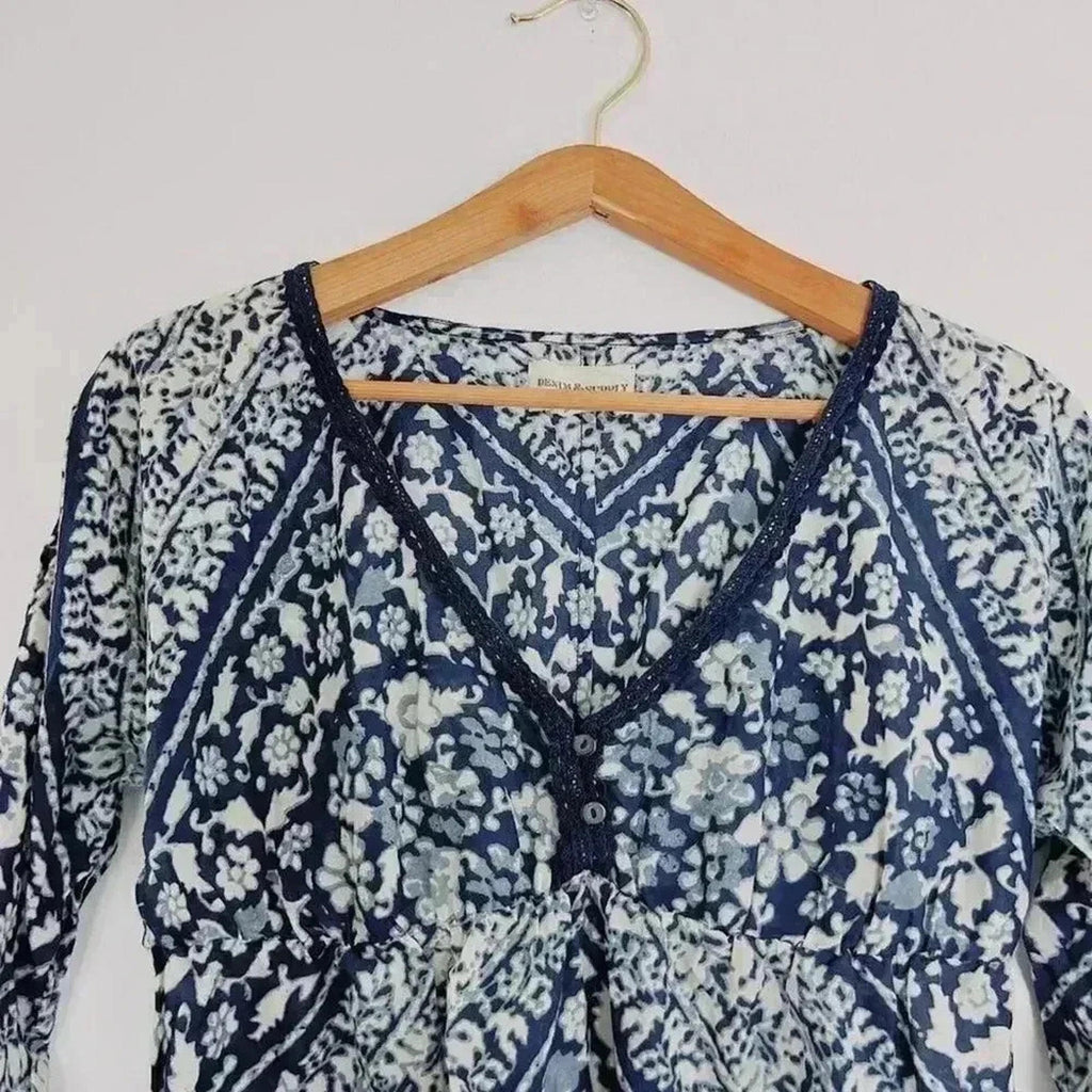 Ralph Lauren Denim & Supply Blue White V Neck Blouse Bohemian Western Size S