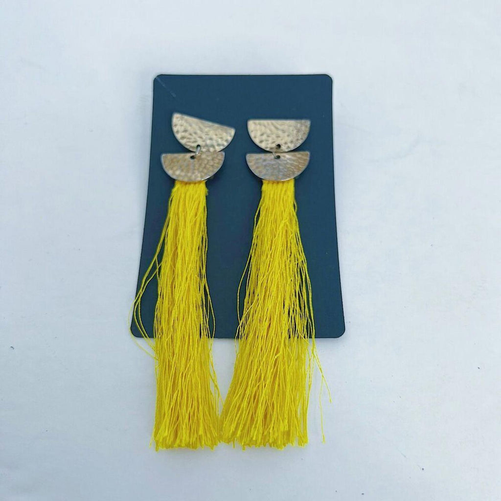 Yellow Tassel Earrings Gold Accents Boho Chic Bohemian