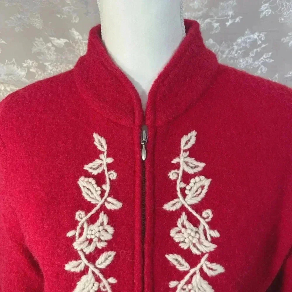 Coldwater Creek Red Boiled Wool Embroidered Jacket Size L