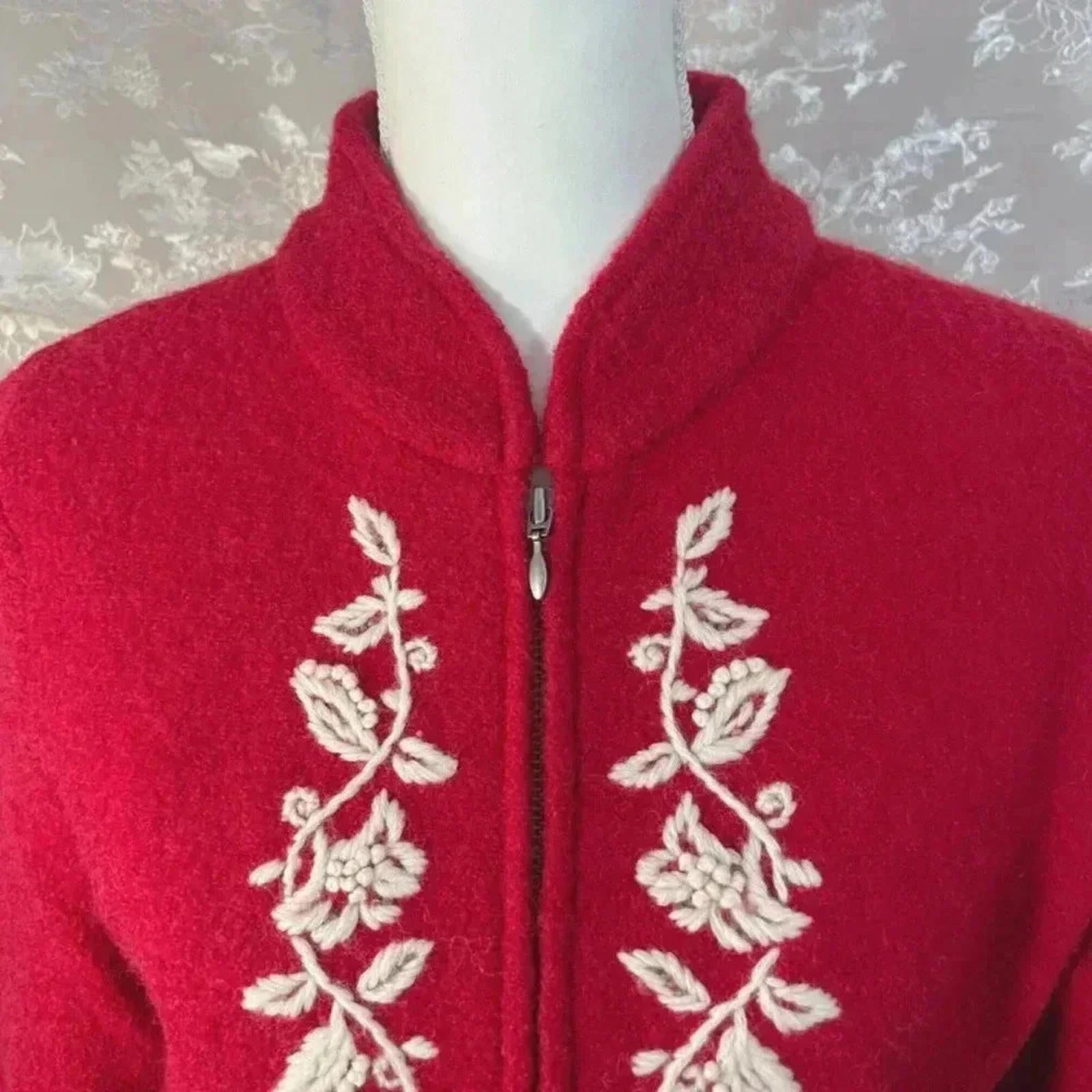 Coldwater Creek Red Boiled Wool Embroidered Jacket Size L