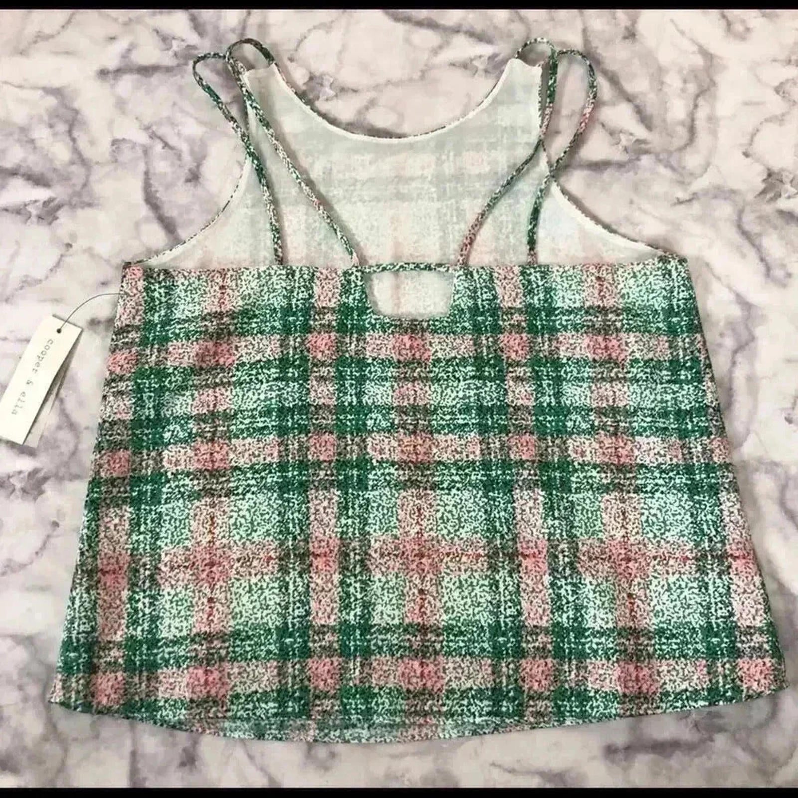 NWT Cooper and Ella Green Pink Plaid Tank Blouse Women's Size M