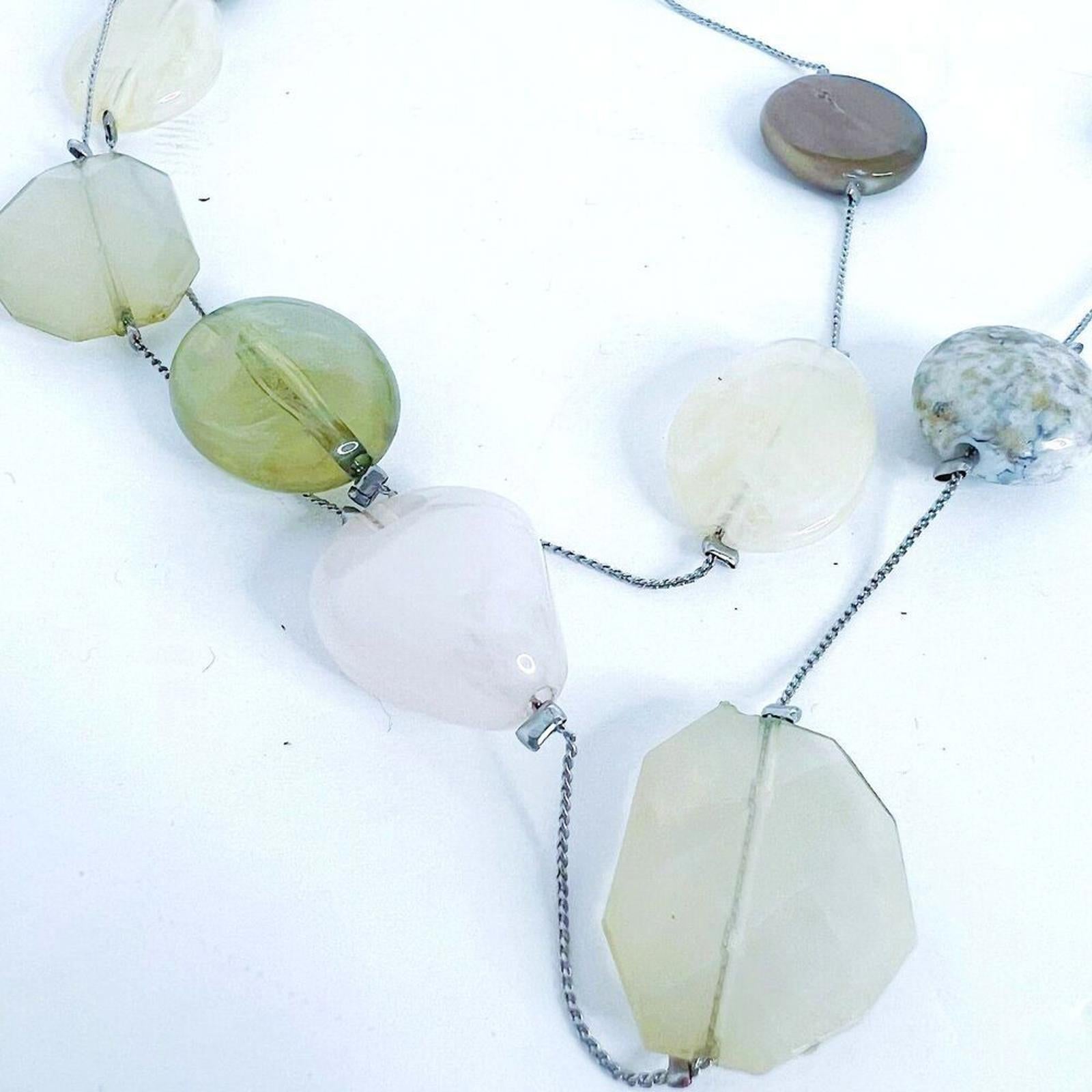 Vintage NY & Co Green White Stone Silver Statement Necklace Boho