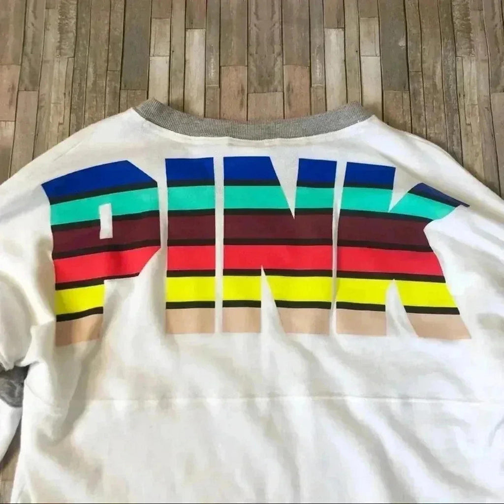 VS PINK Victoria's Secret White Grey Crewneck Pullover Sweatshirt Women's Size M