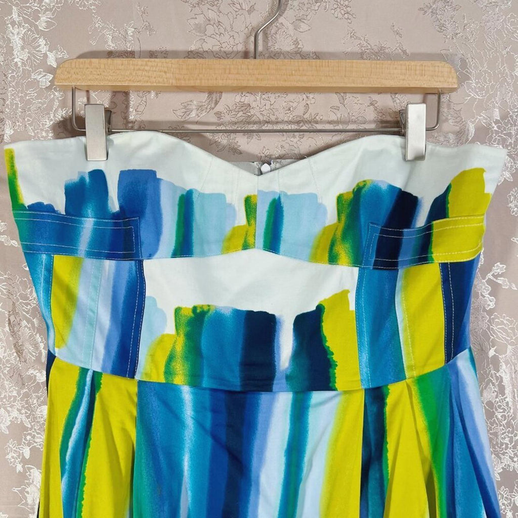 Calvin Klein Multicolor Blue and Green Watercolor Strapless Sun Dress Size 10