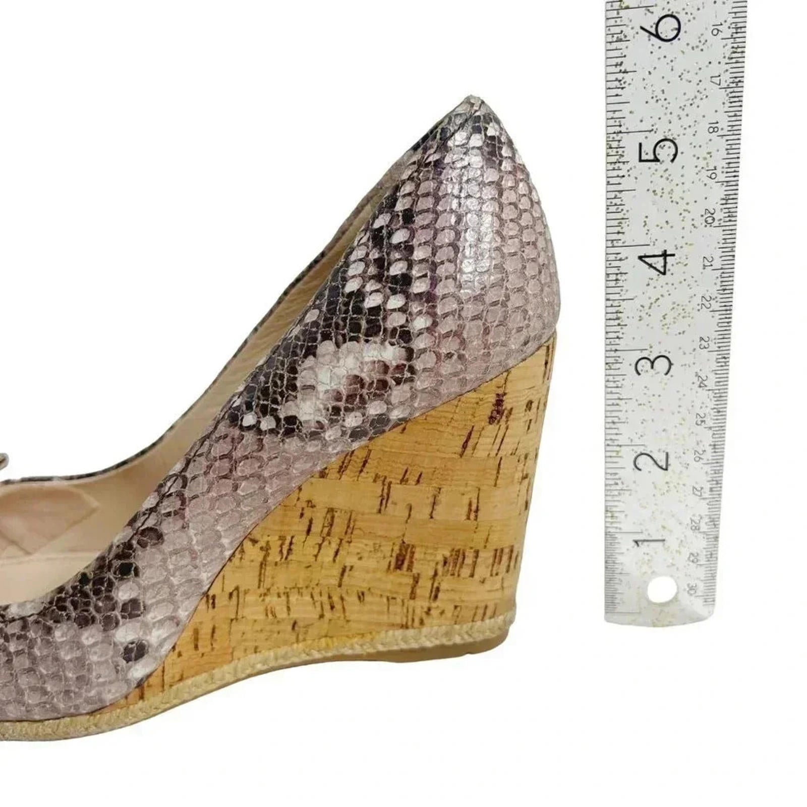 Prada Bow Leather Cork Wedge Peep Toe Pumps Snake Print Size 37.5 3KZ015