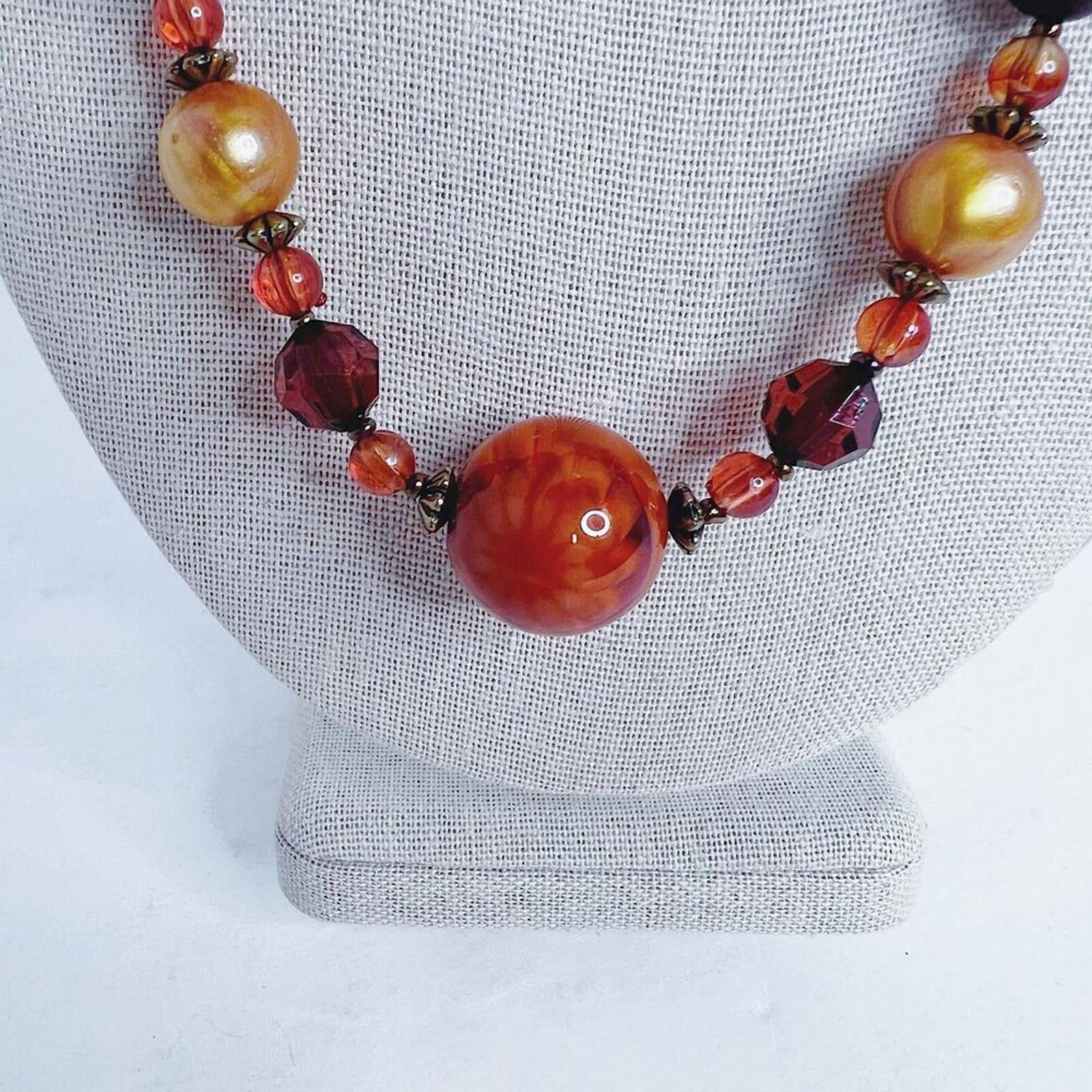 Vintage Flapper Necklace Orange Gold Red Beaded Statement Necklace