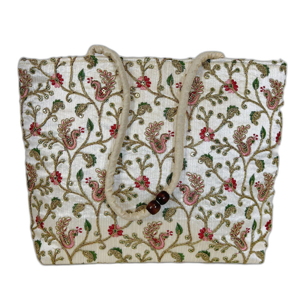 Beautiful Indian Peacock Floral Embroidered Champagne Tote Bag Pink Green