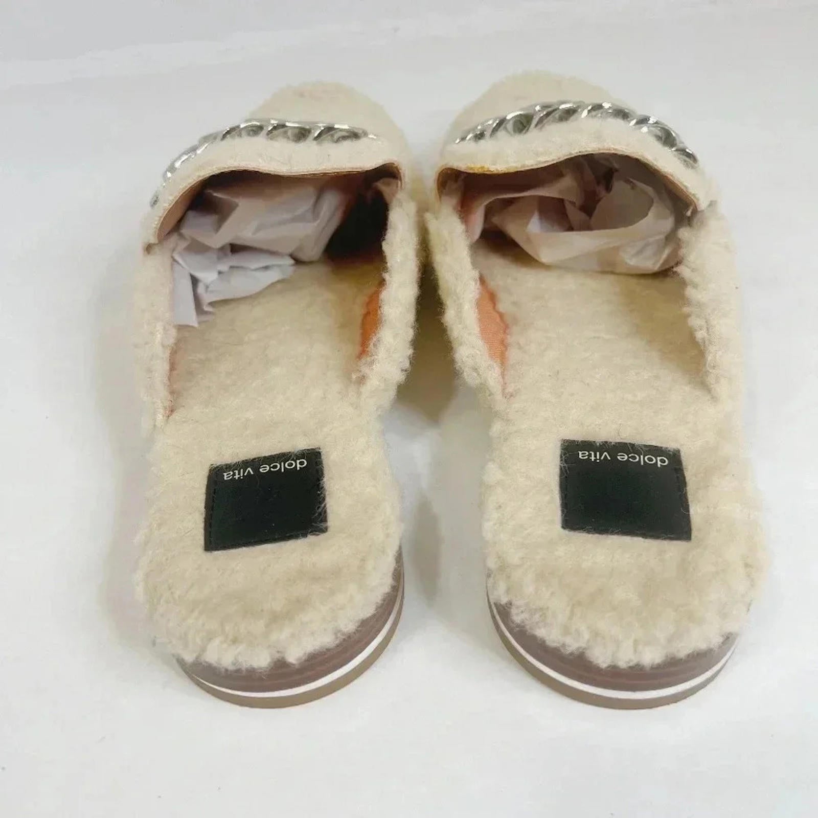 Dolce Vita Pela Cream Sherpa Mule Flat Silver Chain Women's Size 8