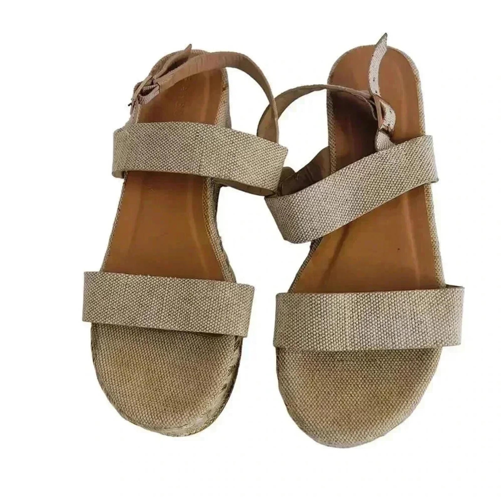 Bamboo Platform Espadrille Sandals Cream and Gold Canvas Woven Size 10