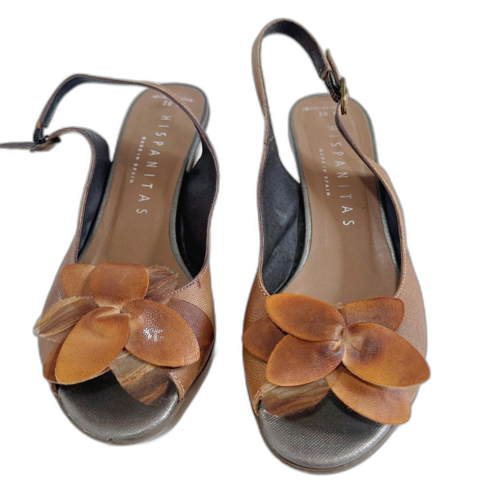Hispanitas Tan Leather Strappy Slingback Heels Flower Detail Women's Size 8 US