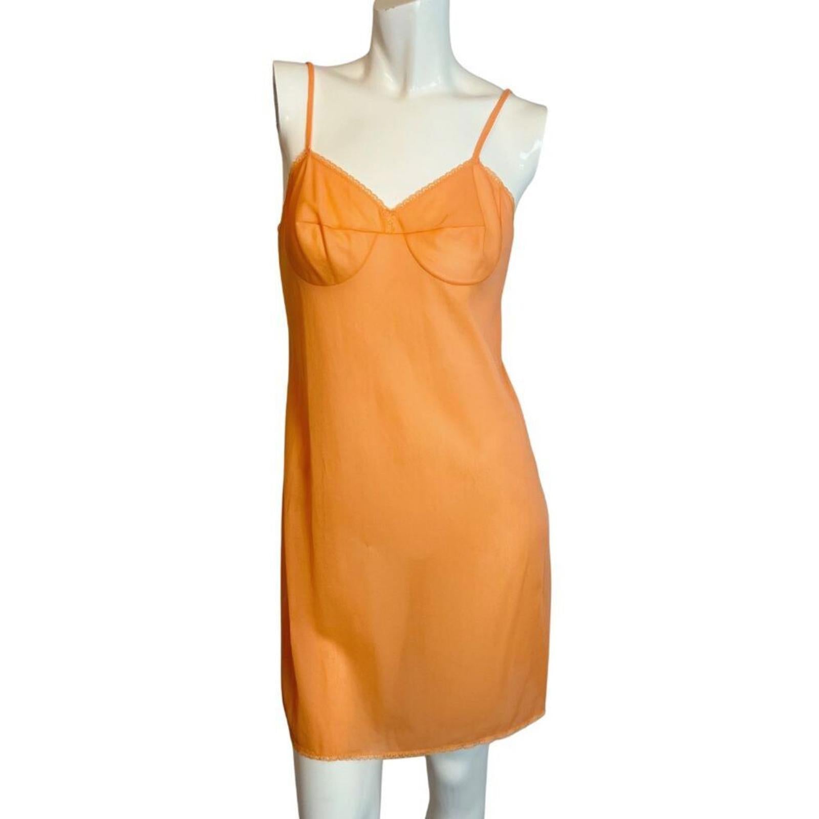 Vintage 1970s Vassarette Bright Orange Sheer Slip Dress Night Gown Size S