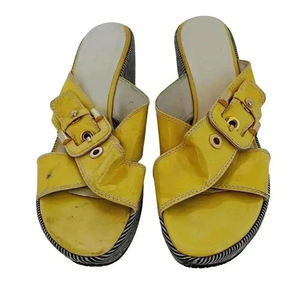 Stuart Weitzman Vintage Yellow Patent Leather Platform Wedges Stripes