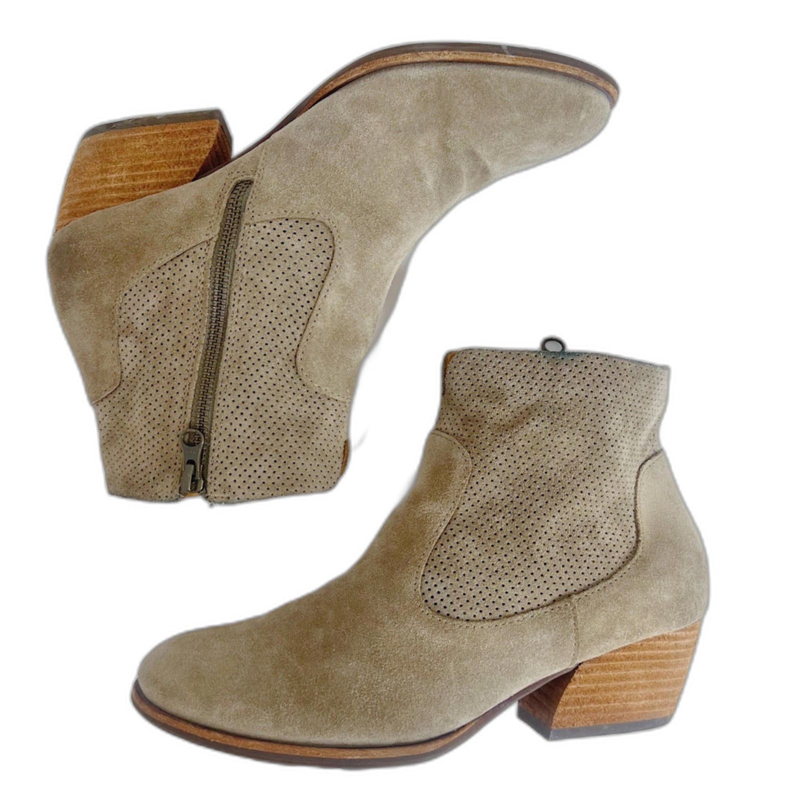 Kork-Ease Sherrill Booties Taupe Suede Ankle Boots Tan Leather Size 8.5