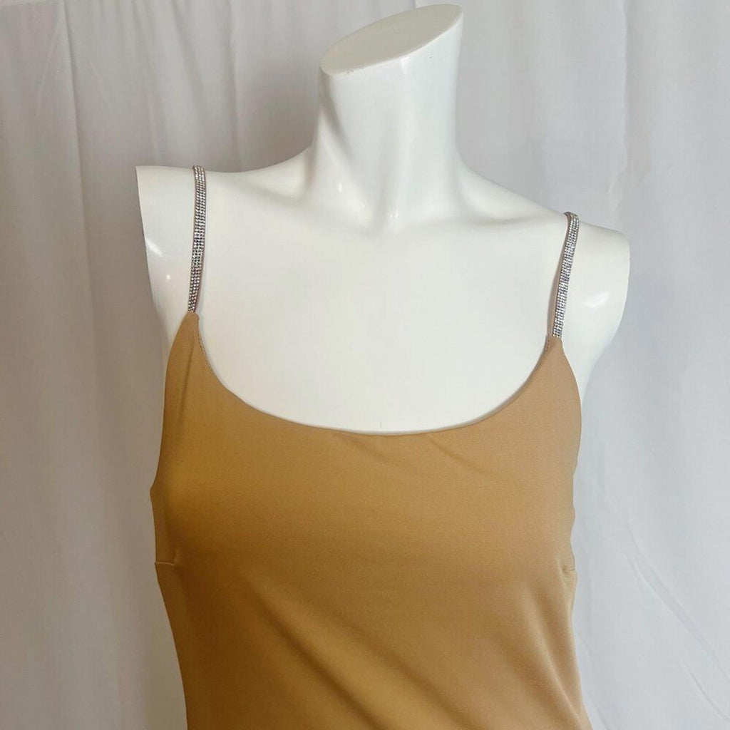 Iris Nude Bodycon Dress Rhinestone Straps Tan Beige Women's Size L