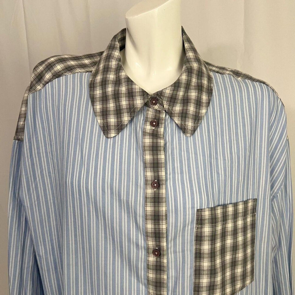 Out From Under Urban Outfitters Blue Pinstripe Grey Plaid Button Up Size L
