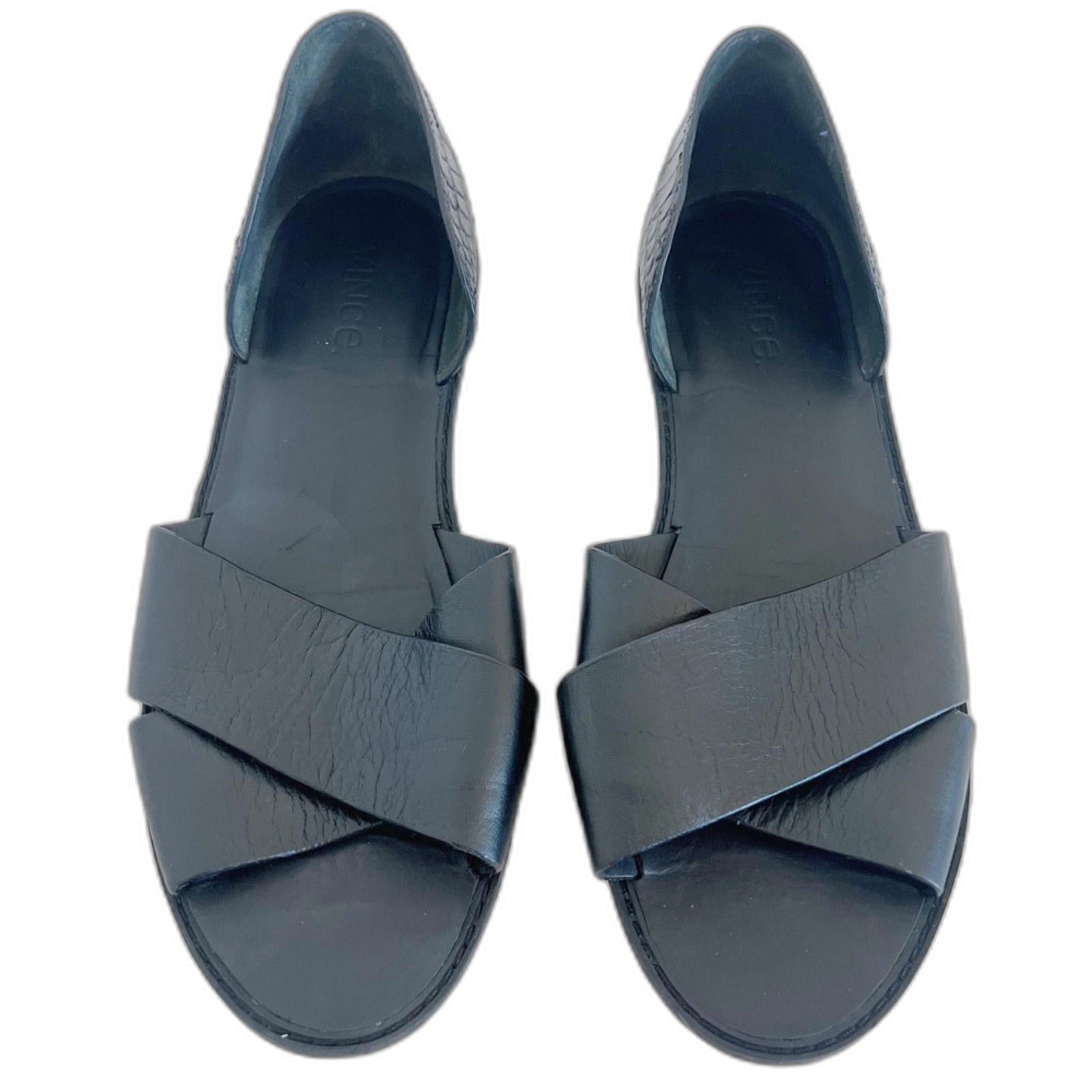 Vince Ida Open-Toed Flats D'Orsay Black Leather Sandals Women's Size 10
