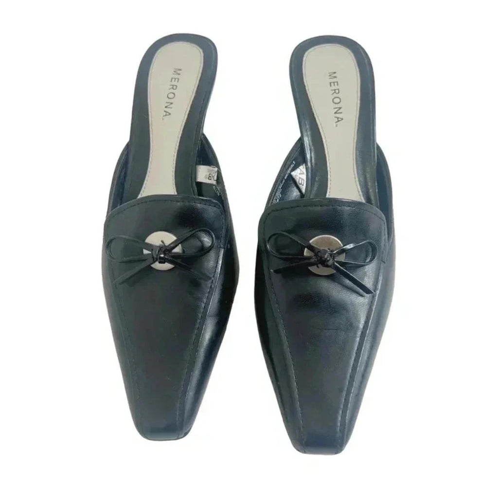 Y2k Merona Allyn Black Leather Kitten Heels Bow Size 5.5