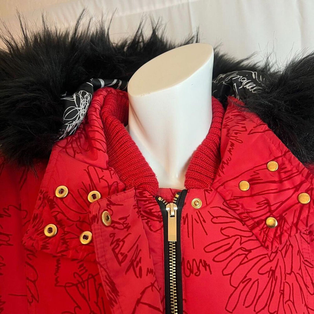 Desigual Women's Coat Marlene Borgona Red Faux Fur Hood Puffer Jacket Size 8 US
