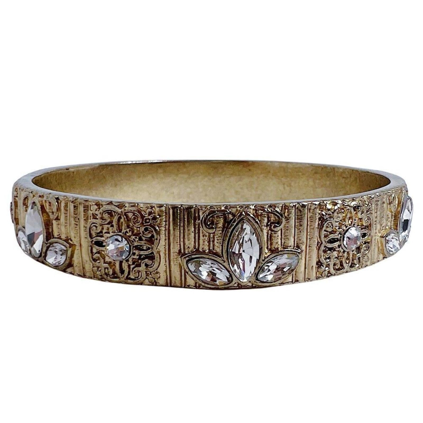 Gold Embossed Bracelet Bangle Rhinestone Flowers Boho Chic Bohemian
