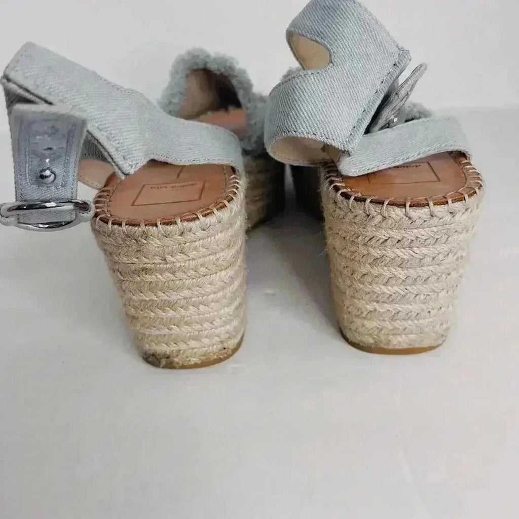 Dolce Vita Denim Platform Sandals Wedges Blue Cream Woven Women's Size 9.5