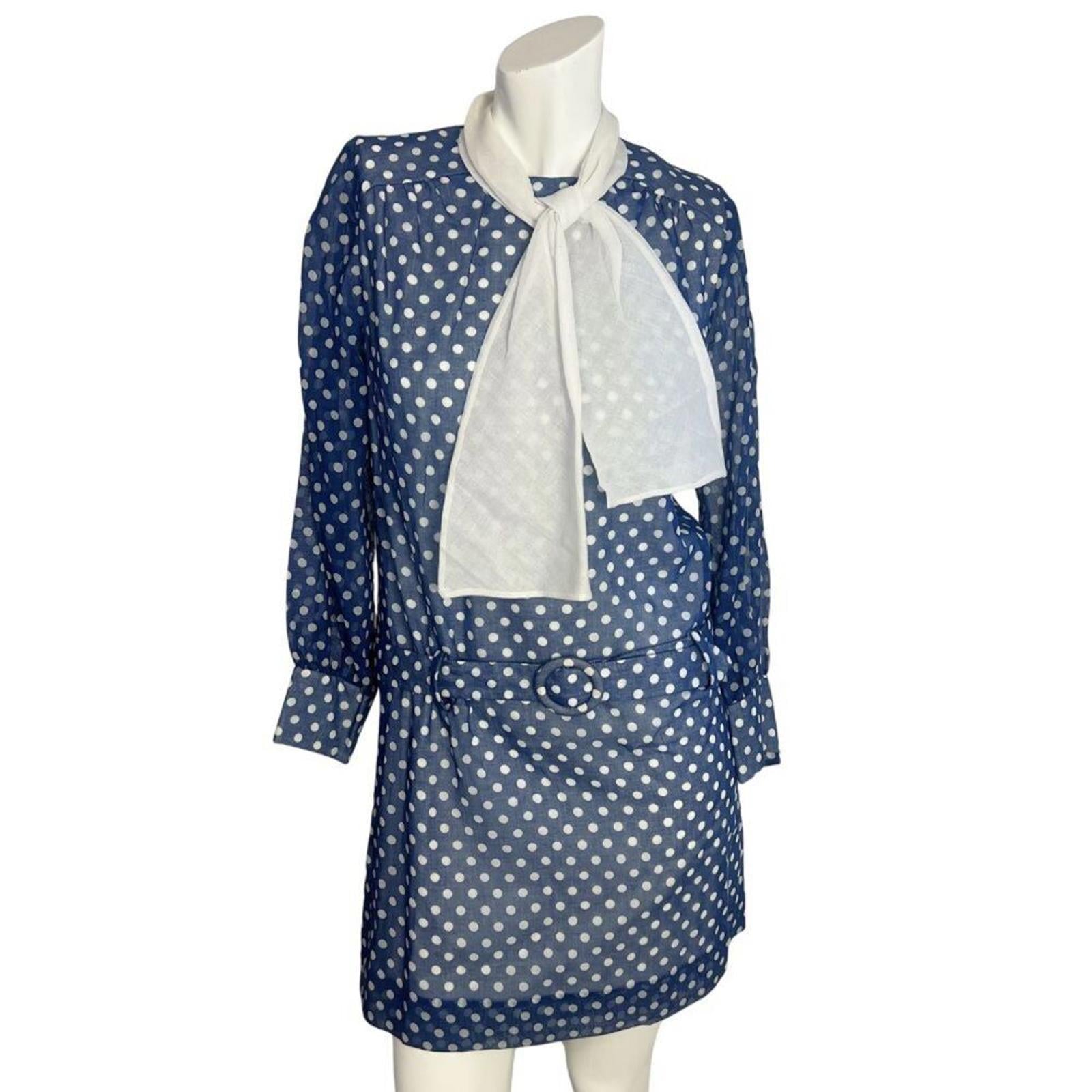 1970s Vintage Jonathan Logan Blue White Polka Dot Tied Collar Mod Size 7