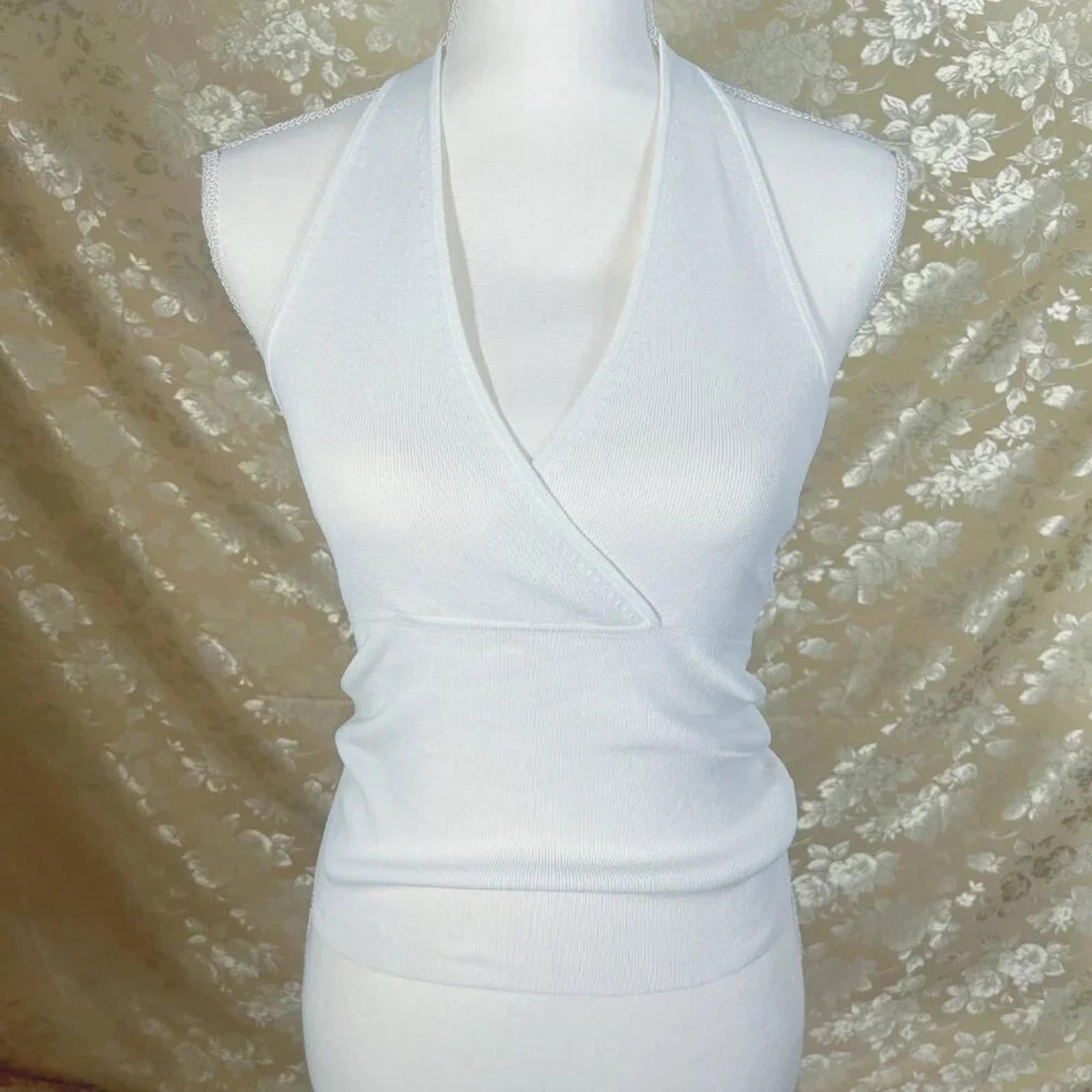 y2k Vintage Loft White Ribbed Crossover Halter Top Women's Size M