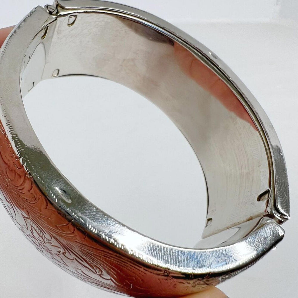 Vintage Floral Etched Silver Cuff Hinged Bracelet Boho Bohemian