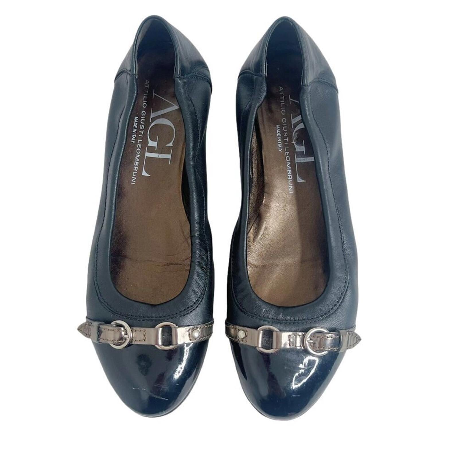 AGL Monika Cap Toe Ballet Flat Black Leather Bronze Buckle Women's Size 9.5