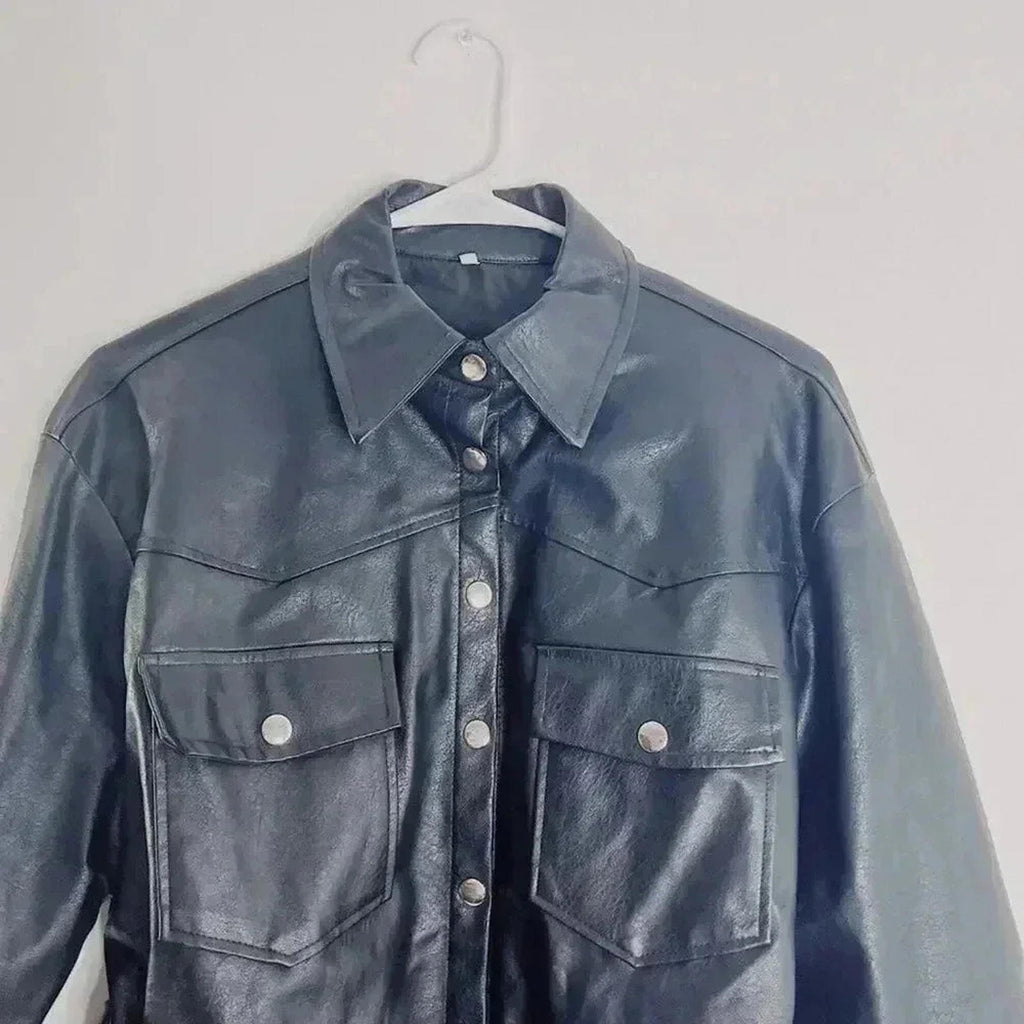 Faux Leather Button Up Jacket Belted Women's Size S