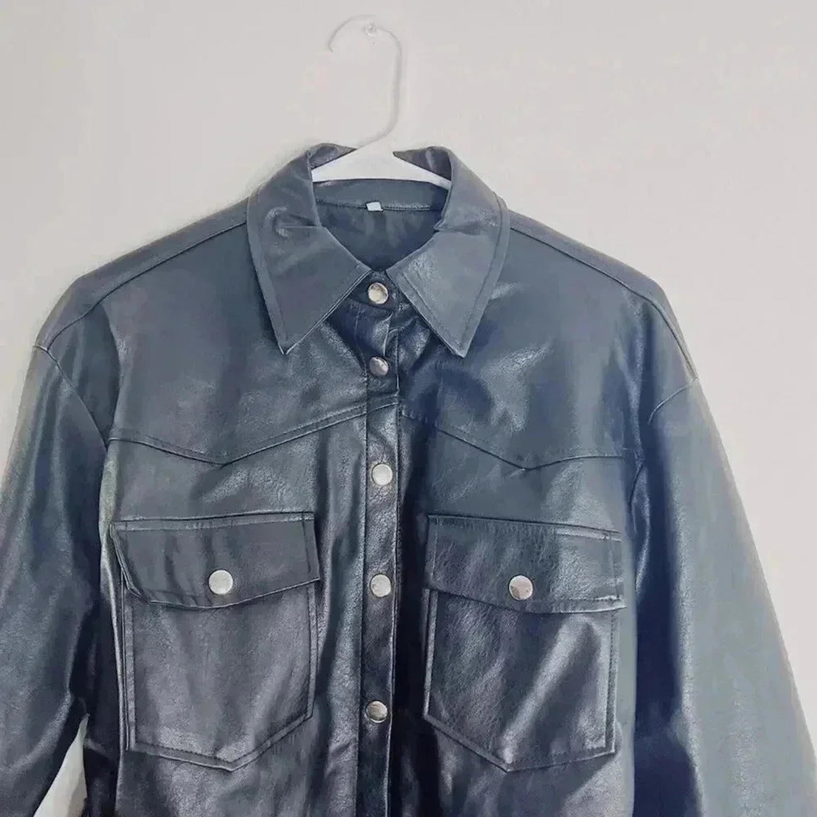 Faux Leather Button Up Jacket Belted Women's Size S
