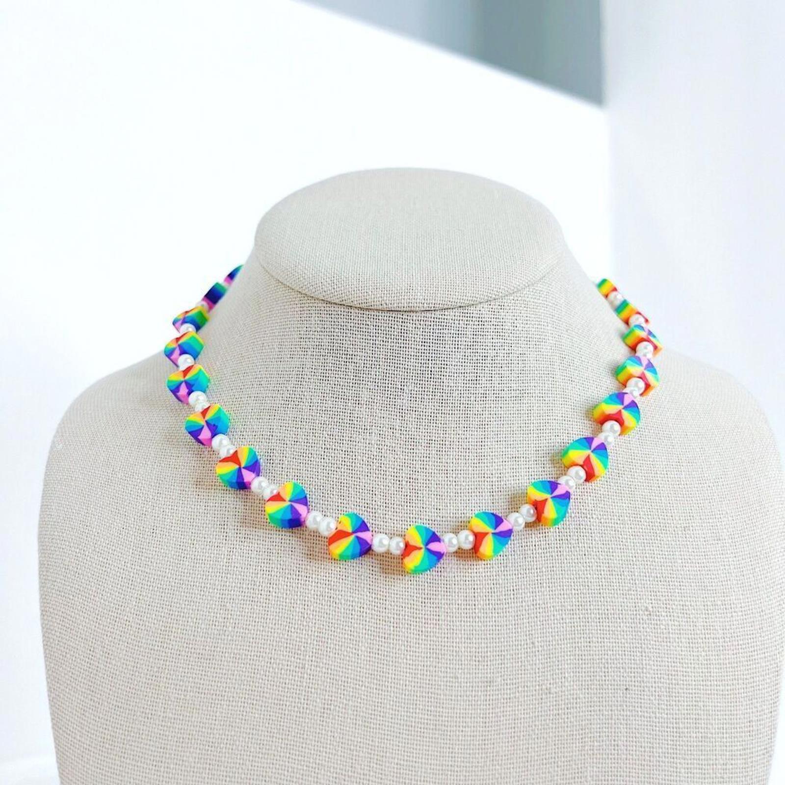 Rainbow Hearts Faux Pearl Beads Necklace Pride Multicolor Colorful Choker