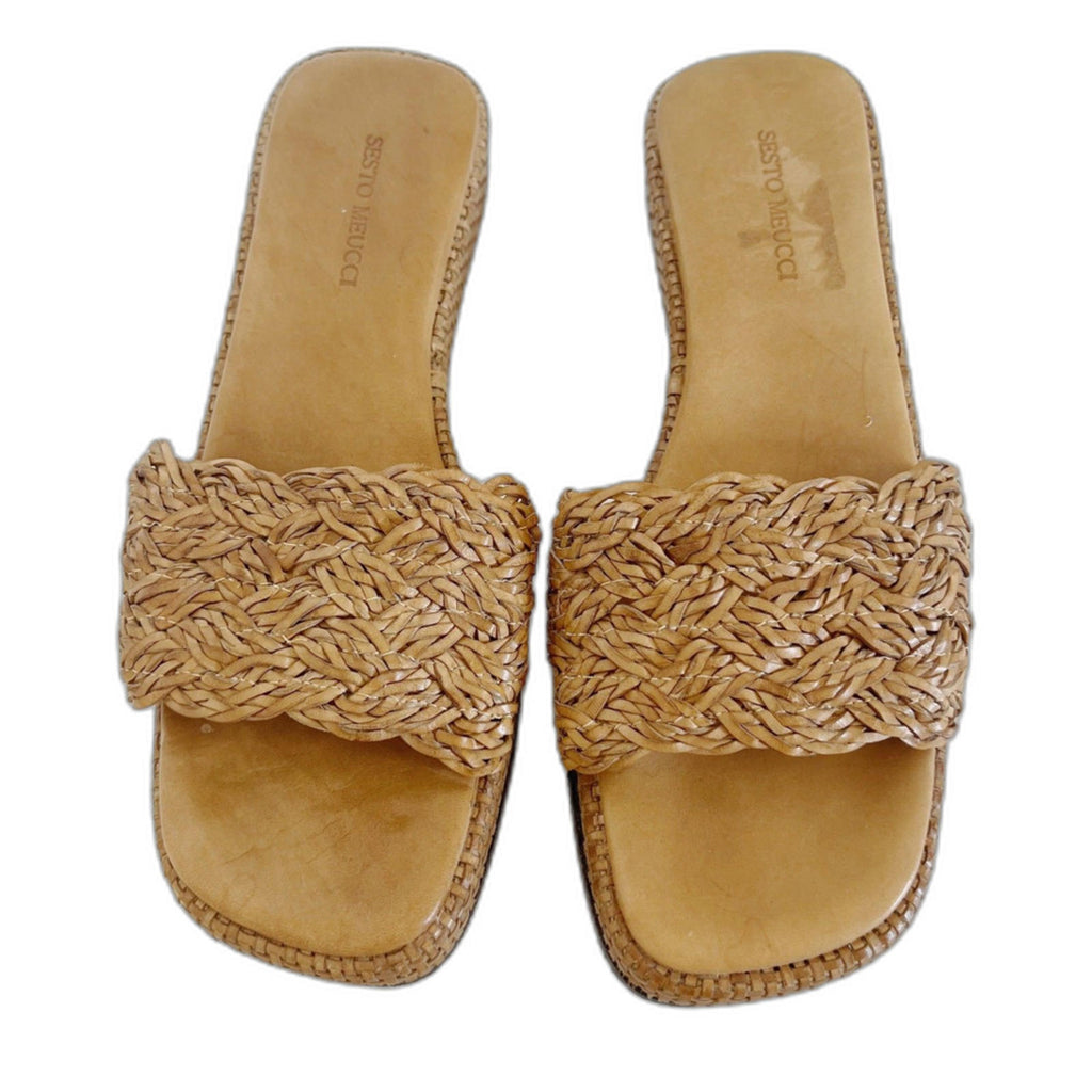 Sesto Meucci Tan Leather Platform Sandals Woven Braided Leather Size 8