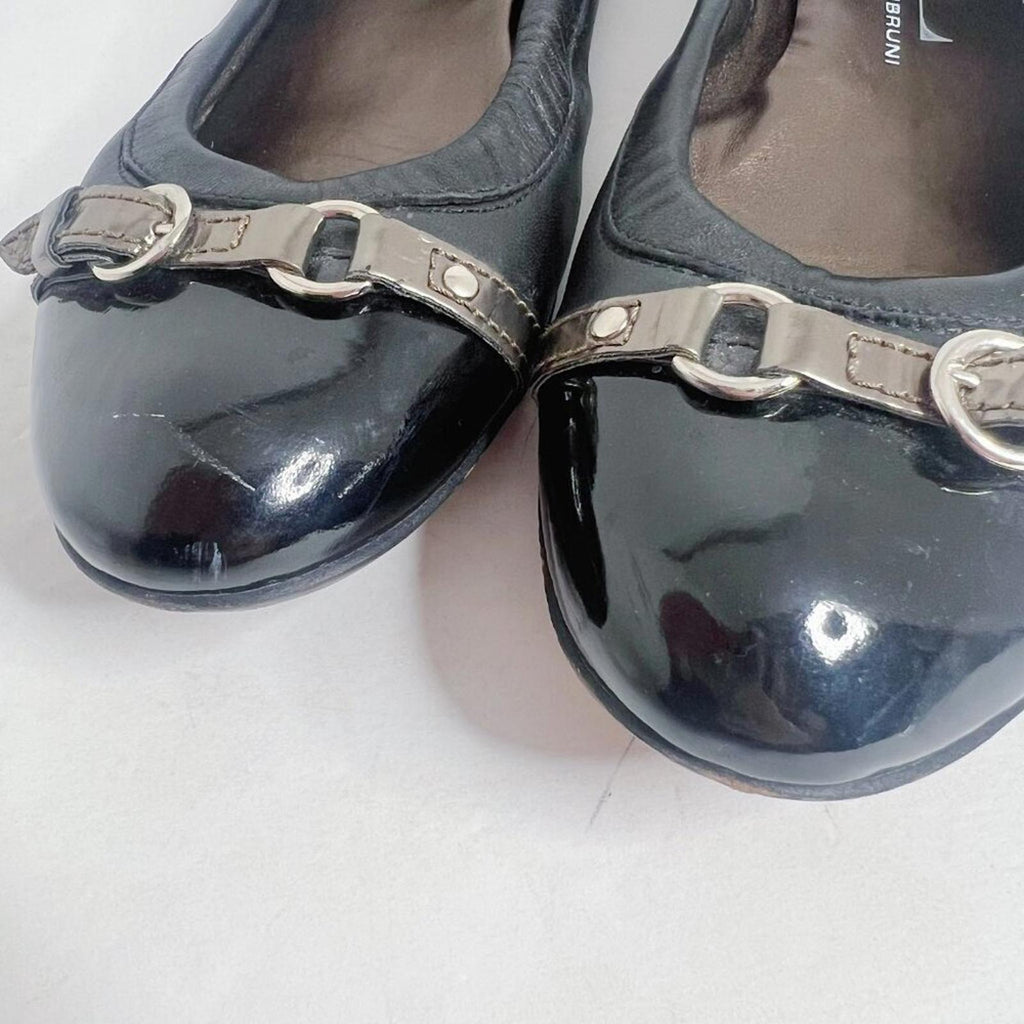 AGL Monika Cap Toe Ballet Flat Black Leather Bronze Buckle Women's Size 9.5