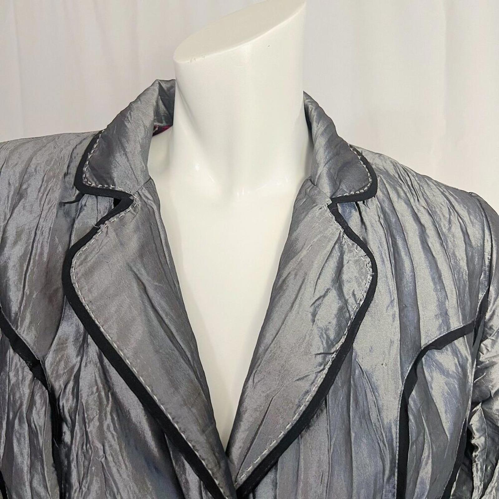 Y2K Vintage Alberto Makali Silver Crinkled Blazer Black Piping Women's Size M
