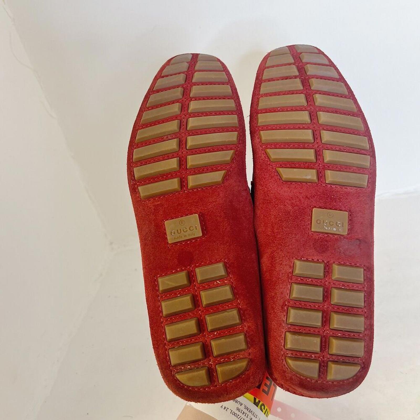 Gucci Men's Red Suede Horsebit Loafers Driving Loafers Bamboo Size 10